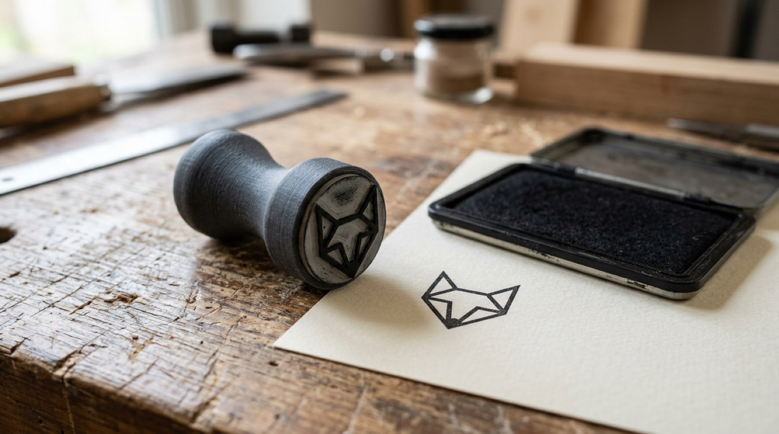 A hand-sized 3D-printed stamp handle with a laser-engraved rubber die on its base, beside a crisp black impression of a logo on paper.