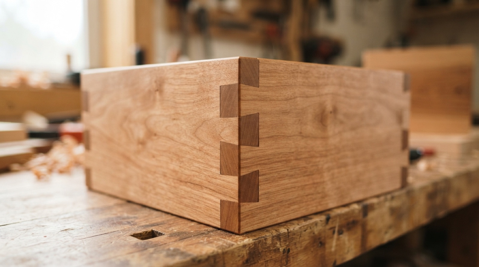 Close-up of a wooden box corner where square tabs from two boards interlock.