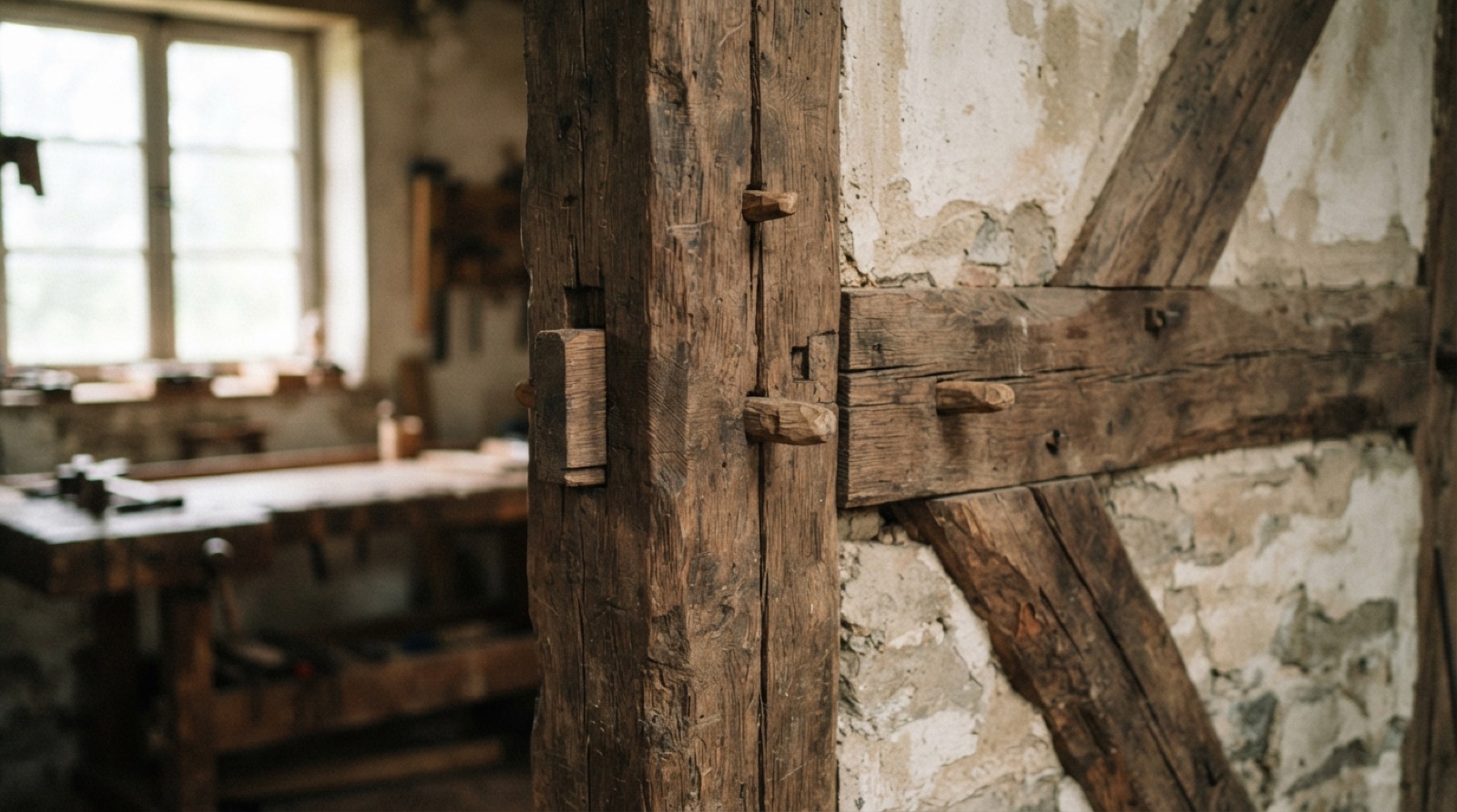 Corner of an old timber building where wooden tenons pass through the beams and are held with pegs.